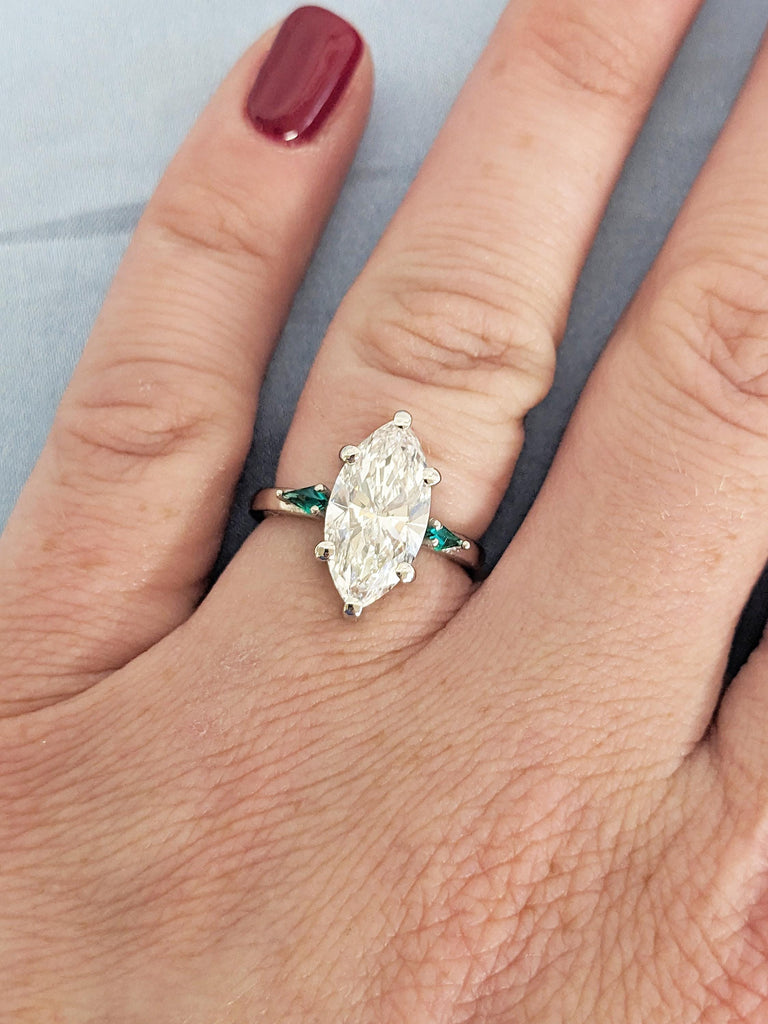 Marquise Lab Grown Diamond Engagement Ring with Kite Cut Lab Emerald Side Stones