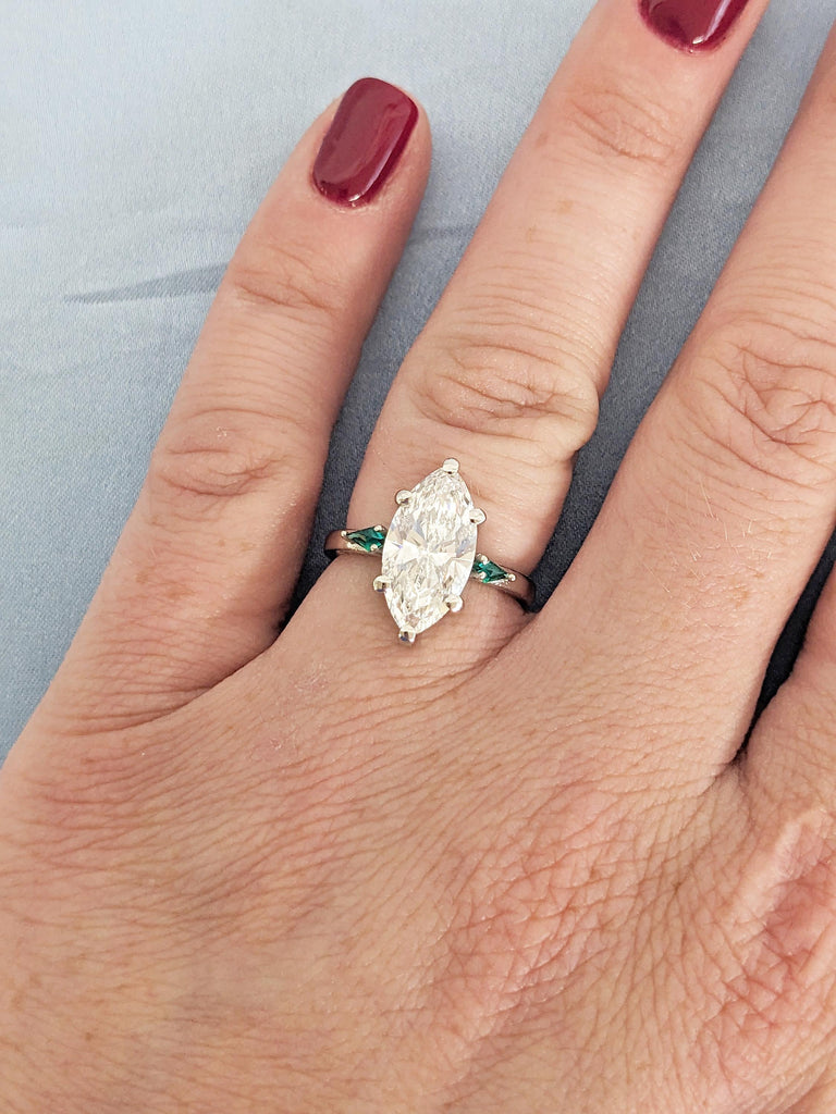 1ct, 2ct Lab Grown Diamond and Lab Emerald Engagement Ring, Marquise, Kite Cut Platinum Ring, Unique Three Stone Wedding Anniversary Ring