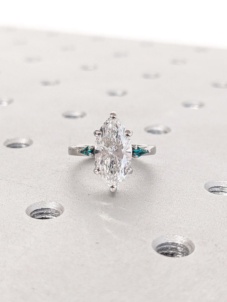 Art Deco Kite Cut Lab Emerald Side Stones, Platinum Wedding Ring