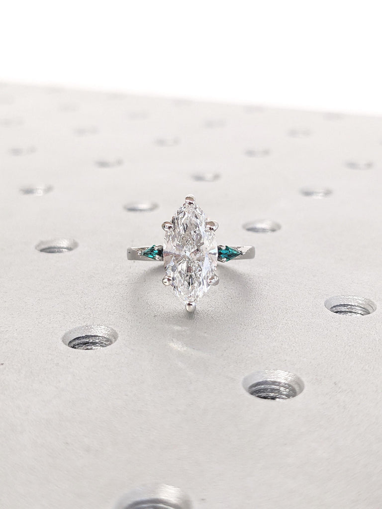 0.5-4ct Marquise Moissanite Engagement Ring, Art Deco Kite Cut Lab Emerald Side Stones, Platinum Wedding Ring, Personalized Statement Ring
