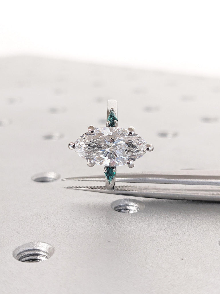 Platinum Ring, Marquise Moissanite, Kite Cut Lab Emerald Three Stone Engagement Ring