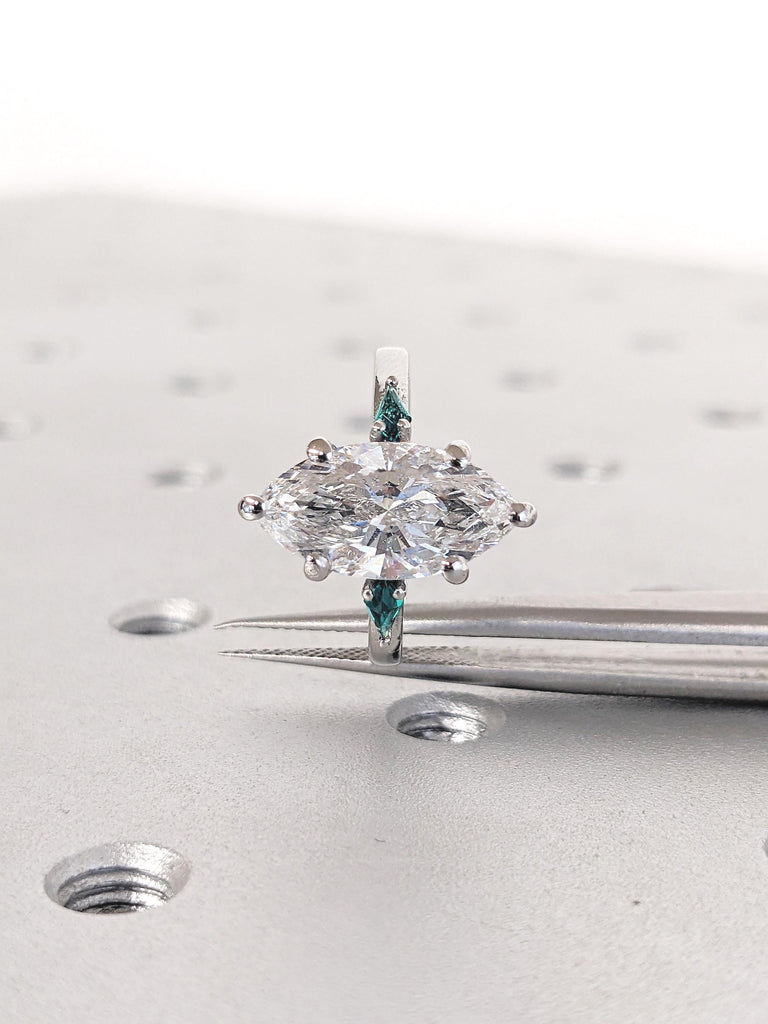 0.5-4ct Marquise Moissanite Engagement Ring, Art Deco Kite Cut Lab Emerald Side Stones, Platinum Wedding Ring, Personalized Statement Ring