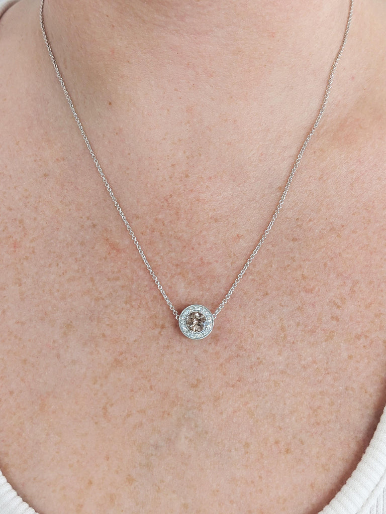 14K White Gold Round Morganite Halo Diamond Necklace, June Birthstone, Unique Bridal Jewelry