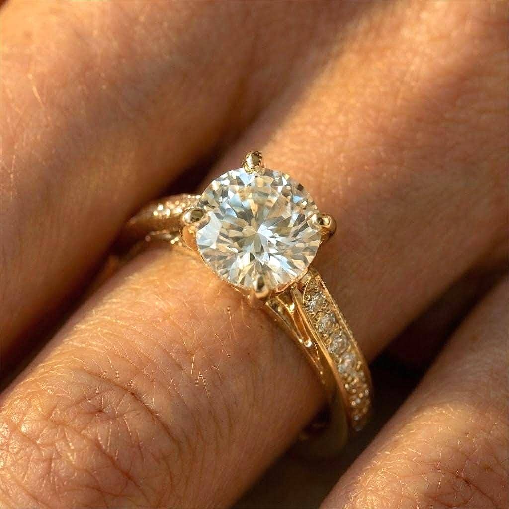 14K Yellow Gold Moissanite Engagement Ring, Vintage Cathedral Style, Round Cut Diamond Pavé Wedding Band, Christmas Gift, Jewelry For Her