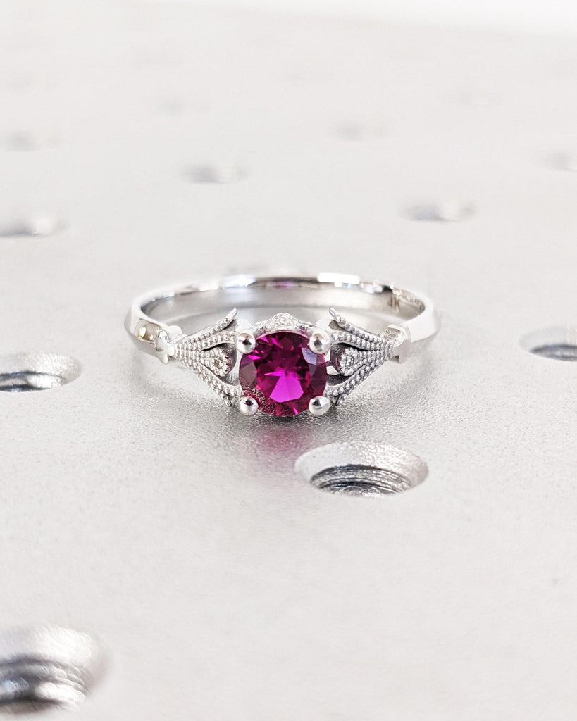 Vintage Ruby Engagement Ring, 14k White Gold, Lab Ruby Engagement Ring, Antique Round cut Bridal Ring, Art Deco Ring, Milgrain Wedding Ring