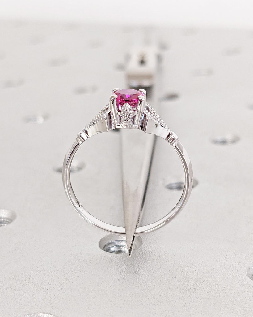 Vintage Ruby Engagement Ring, 14k White Gold, Lab Ruby Engagement Ring, Antique Round cut Bridal Ring, Art Deco Ring, Milgrain Wedding Ring