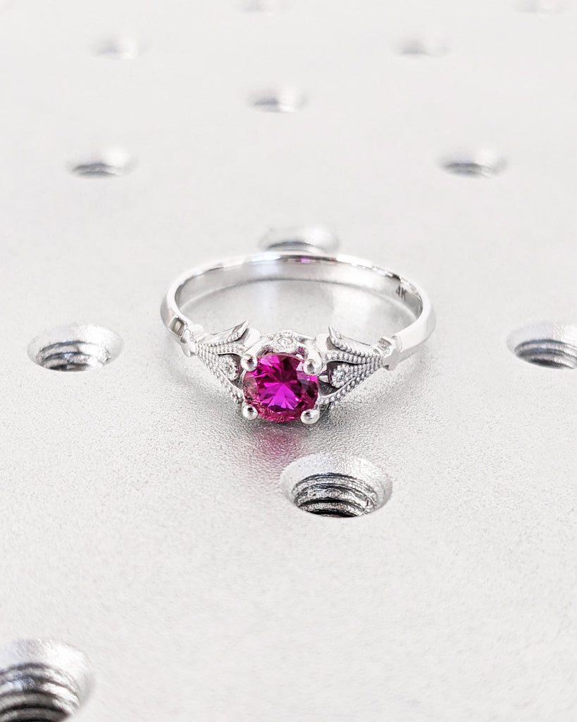 Vintage Ruby Engagement Ring, 14k White Gold, Lab Ruby Engagement Ring, Antique Round cut Bridal Ring, Art Deco Ring, Milgrain Wedding Ring