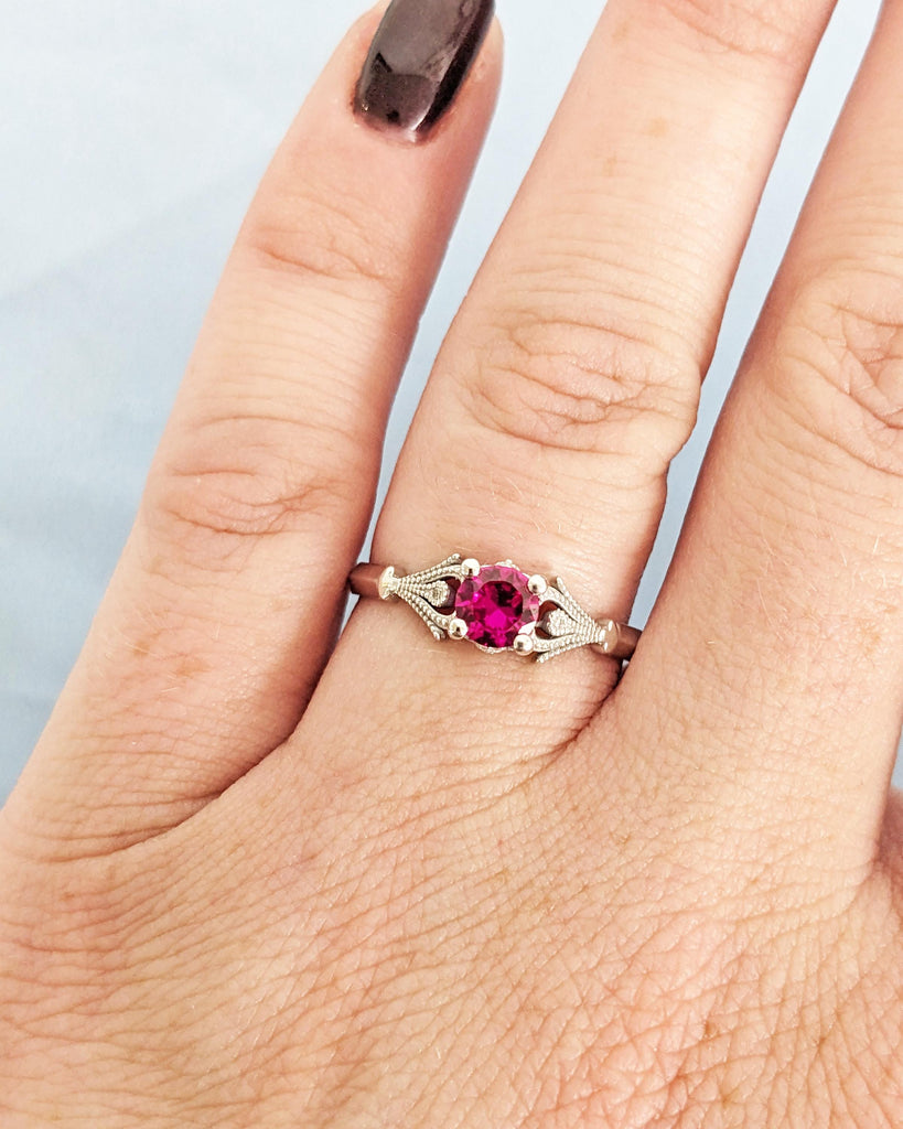 Vintage Ruby Engagement Ring, 14k White Gold, Lab Ruby Engagement Ring, Antique Round cut Bridal Ring, Art Deco Ring, Milgrain Wedding Ring