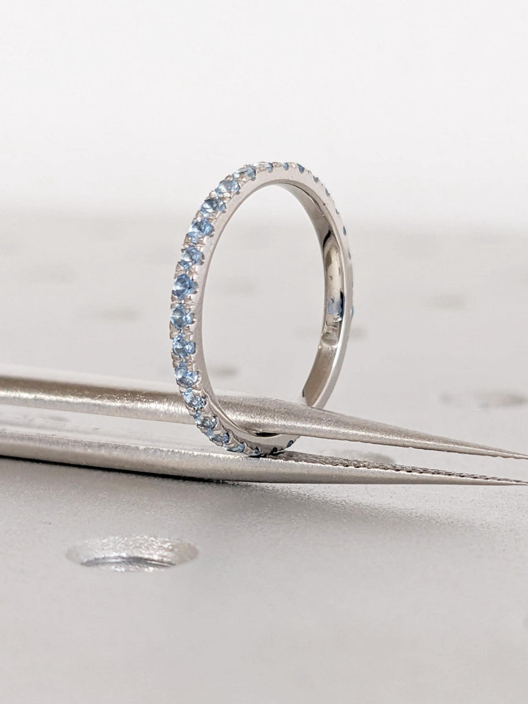 Aquamarine Pave Band in Platinum / 14K / 18K Gold, Dainty Aquamarine Ring, Unique Wedding Bands, Vintage Matching Rings, Aquamarine Jewelry