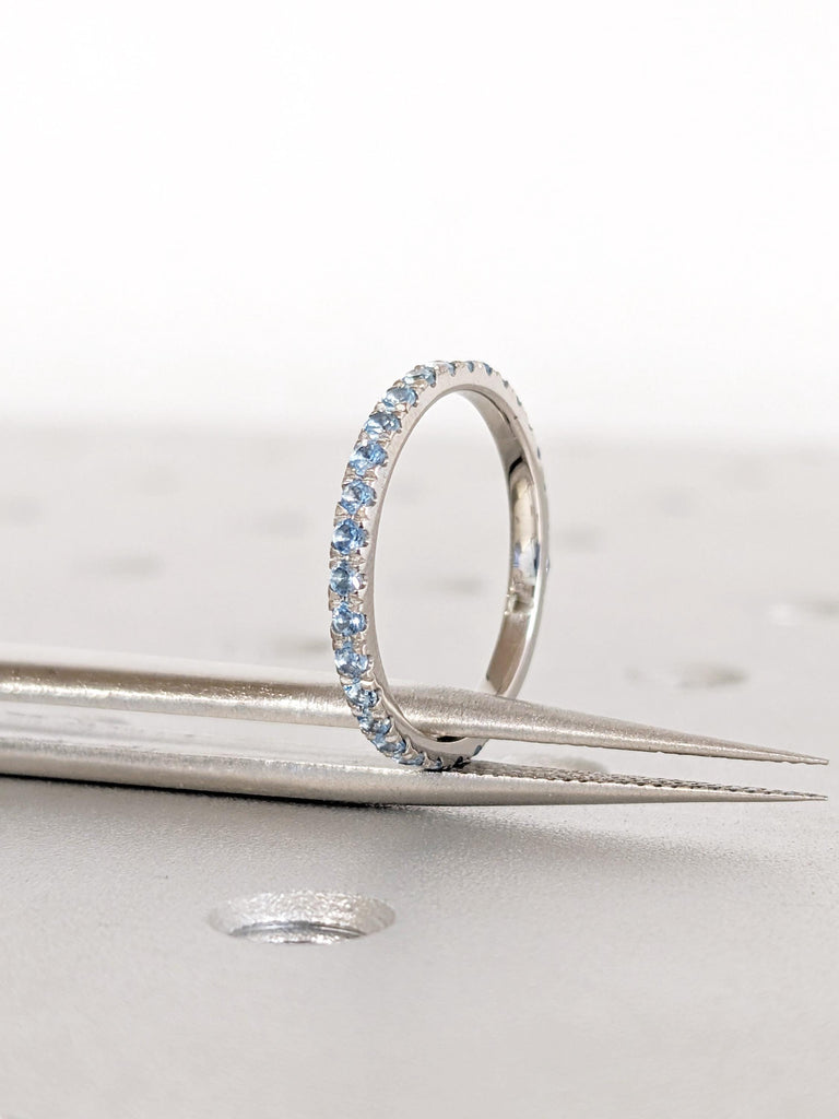 Aquamarine Pave Band in Platinum / 14K / 18K Gold, Dainty Aquamarine Ring, Unique Wedding Bands, Vintage Matching Rings, Aquamarine Jewelry