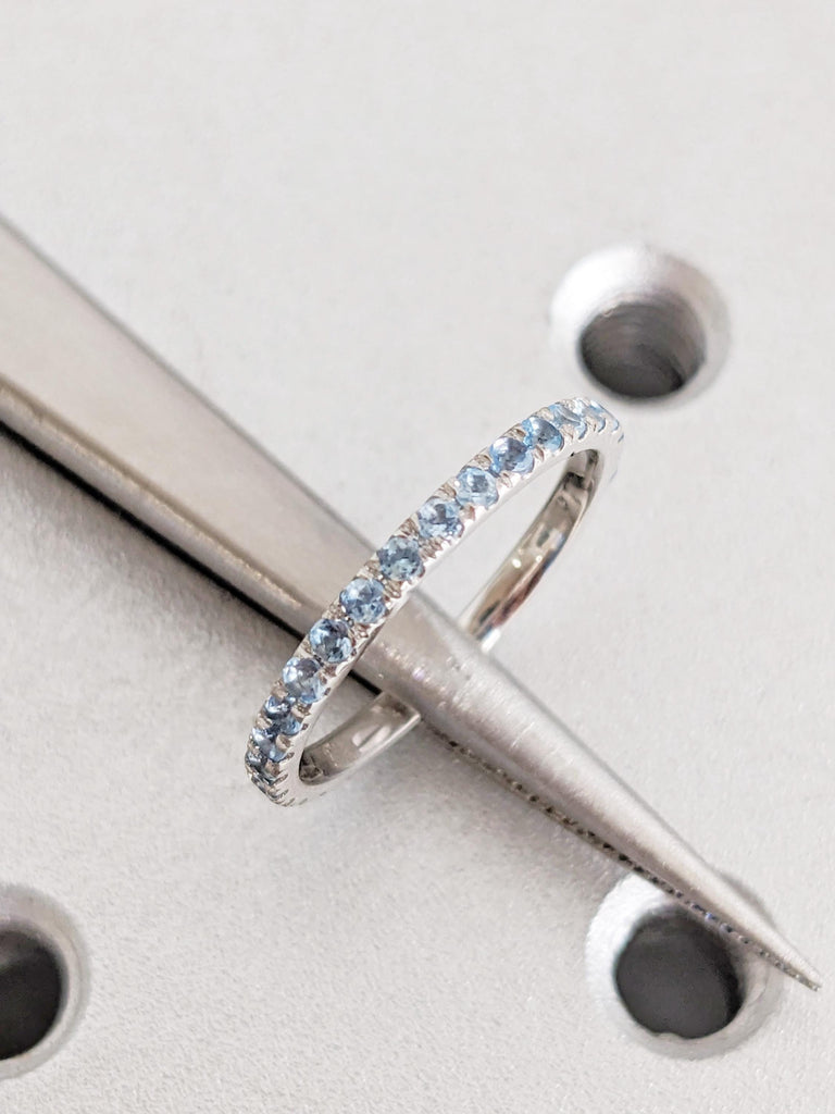Aquamarine Pave Band in Platinum / 14K / 18K Gold, Dainty Aquamarine Ring, Unique Wedding Bands, Vintage Matching Rings, Aquamarine Jewelry