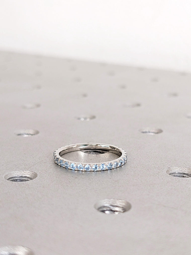 Aquamarine Pave Band in Platinum / 14K / 18K Gold, Dainty Aquamarine Ring, Unique Wedding Bands, Vintage Matching Rings, Aquamarine Jewelry