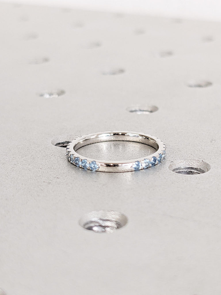 Aquamarine Pave Band in Platinum / 14K / 18K Gold, Dainty Aquamarine Ring, Unique Wedding Bands, Vintage Matching Rings, Aquamarine Jewelry