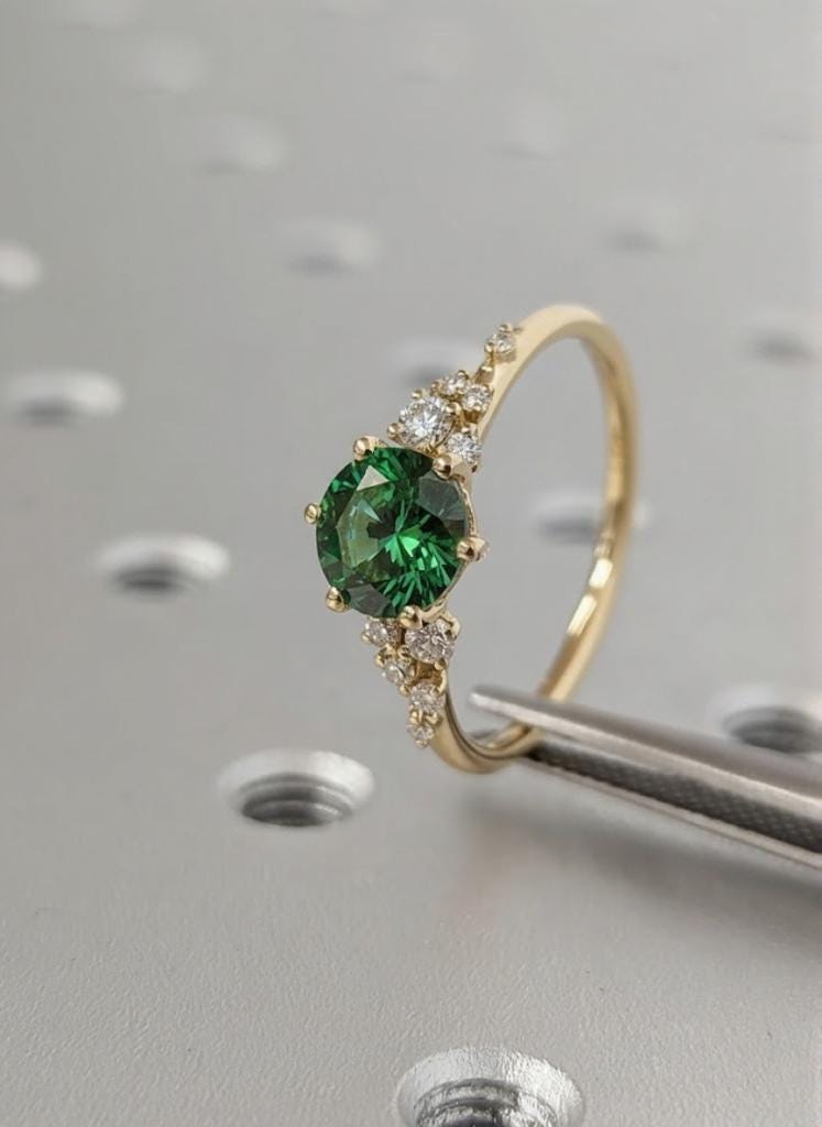 1-4ct Green Sapphire and Diamond Engagement Ring | Round Lab Sapphire Ring | Solid Gold Snowdrift Diamond Cluster Ring | Gemstone Ring