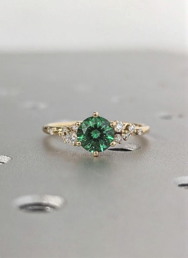 1ct Round Green Sapphire Ring | 18k Yellow Gold Engagement Ring | Moissanite Cluster Ring