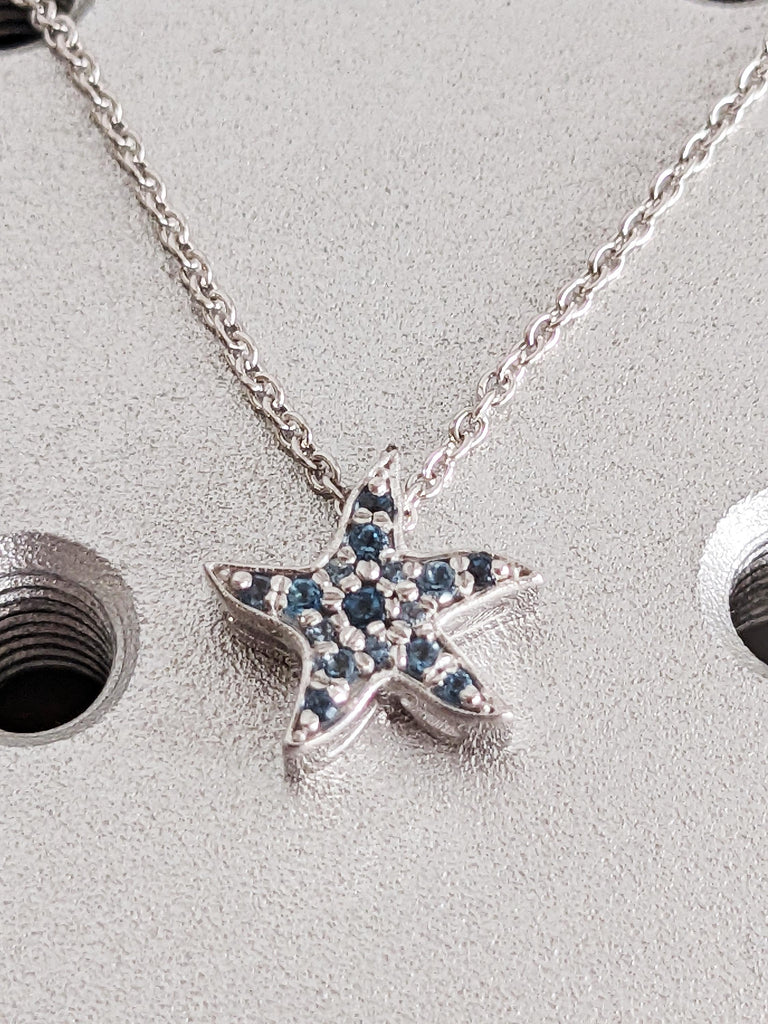 Tropical Star Natural Blue Topaz Pendant, 18K Solid White Gold Round Light Blue Topaz Chain Necklace, Christmas Gift For Her, Custom Jewelry
