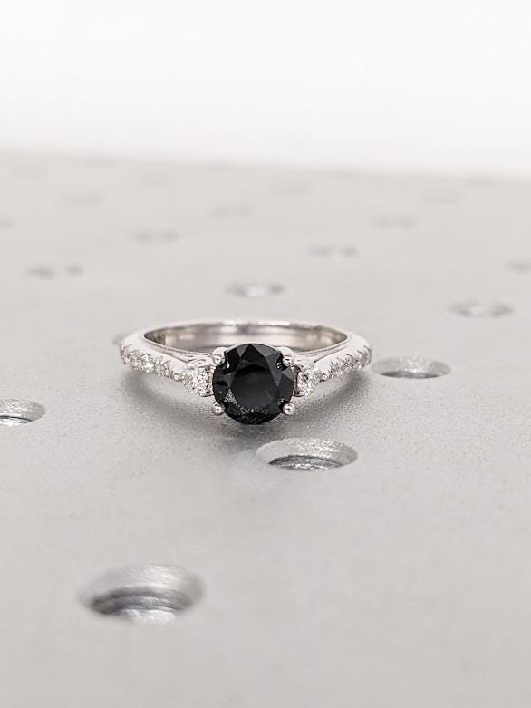 Vintage Black Diamond Engagement Ring, Round Diamond Cathedral Setting, 14K White Gold Milgrain Band