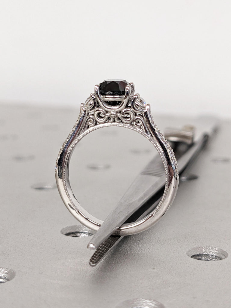 Vintage Black Diamond Engagement Ring, Round Diamond Cathedral Setting, 14K White Gold Milgrain Band