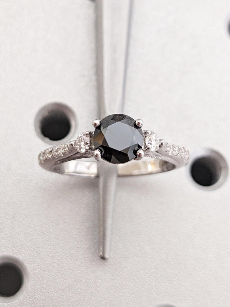 Vintage Black Diamond Engagement Ring, Round Diamond Cathedral Setting, 14K White Gold Milgrain Band