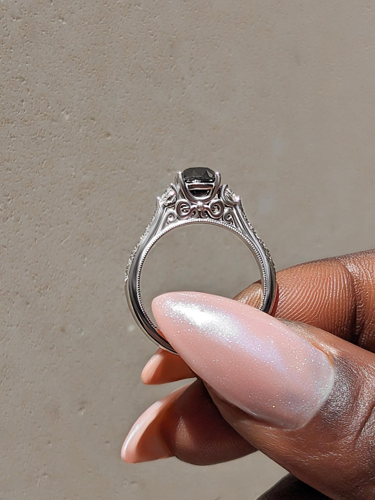 Vintage Black Diamond Engagement Ring, Round Diamond Cathedral Setting, 14K White Gold Milgrain Band