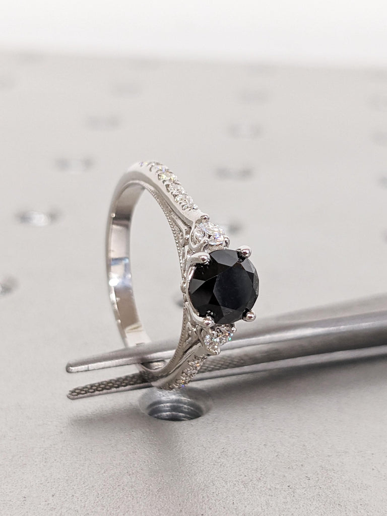 Vintage Black Diamond Engagement Ring, Round Diamond Cathedral Setting, 14K White Gold Milgrain Band