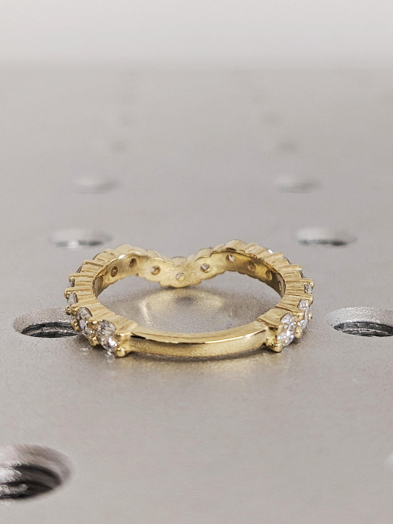 Round Diamond Half Eternity Wedding Ring, 14K Yellow Gold Curved Matching Band, Engagement Stacking Ring