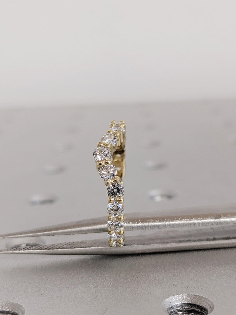Round Diamond Half Eternity Wedding Ring, 14K Yellow Gold Curved Matching Band, Engagement Stacking Ring