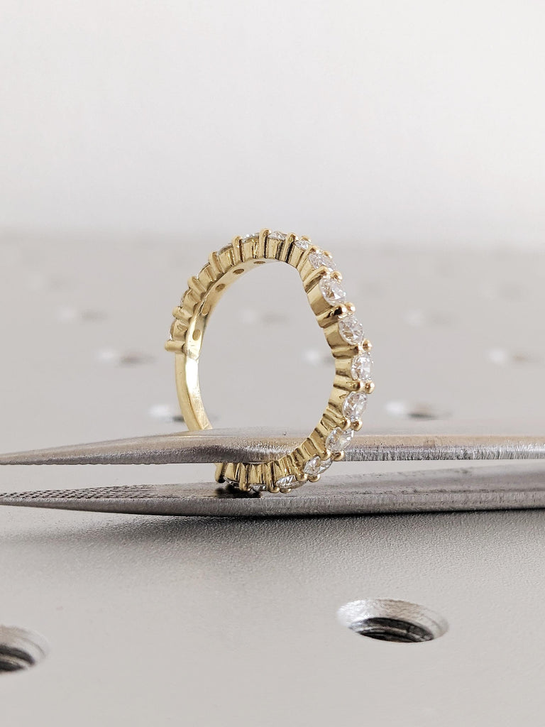 Round Diamond Half Eternity Wedding Ring, 14K Yellow Gold Curved Matching Band, Engagement Stacking Ring