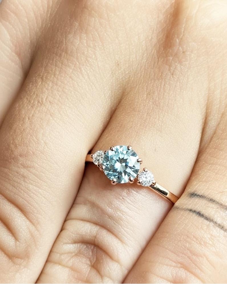 Lab Aquamarine Engagement Ring | Light Blue Gemstone Round Cut Promise Ring | 14K Rose Gold