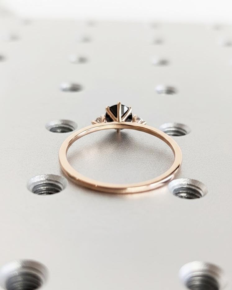 Round Cut Black Diamond Three Stone Ring, 14K Rose Gold, Black Diamond Solitaire Ring, Diamond and Moissanite Wedding Ring, Anniversary Ring