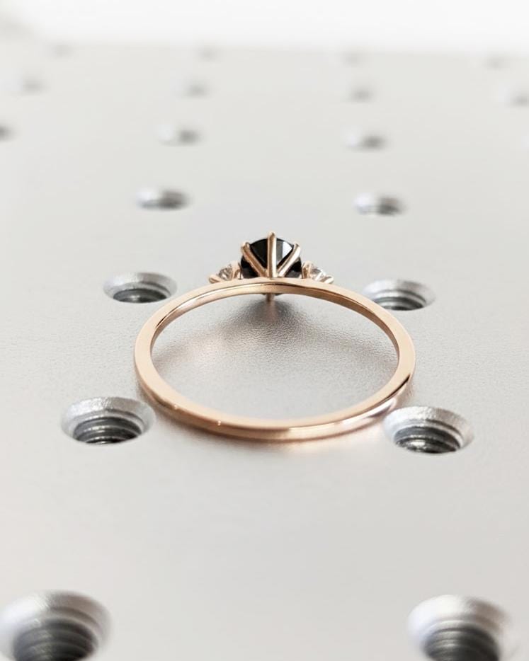 14K Rose Gold Black Diamond Ring | Round Cut | Past Present Future 3 Stone Ring