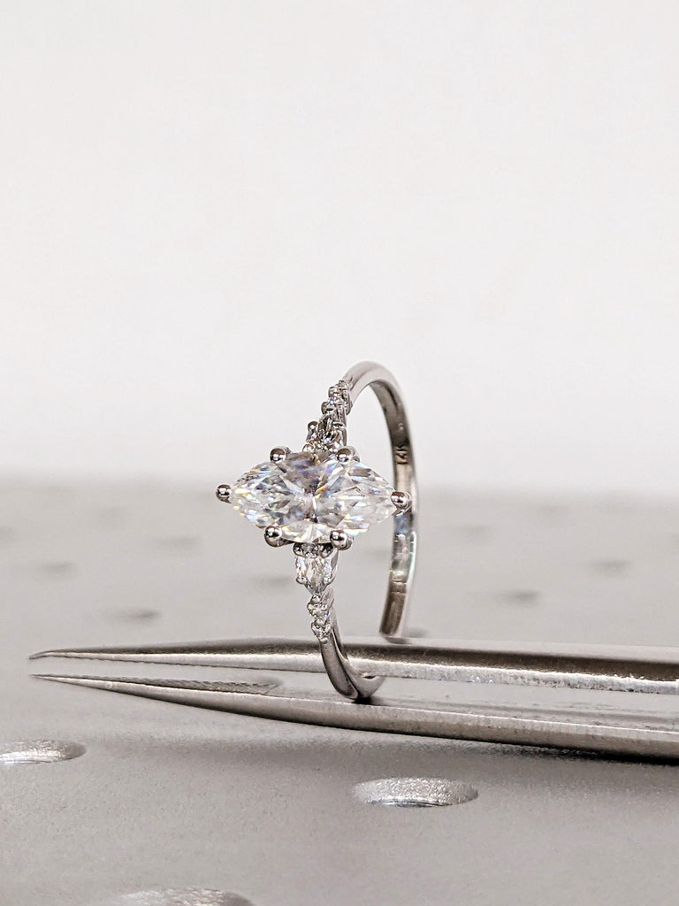 Marquise Cut Certified Lab Diamond Engagement Ring, Unique 14K White Gold Band, Pear Round Side Moissanite Diamond Cluster, Bridal Jewelry