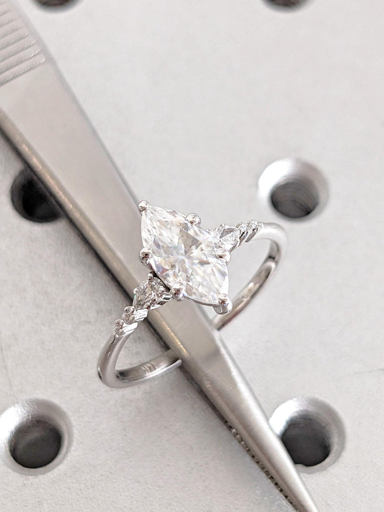 Marquise Cut Certified Lab Diamond Engagement Ring, Unique 14K White Gold Band, Pear Round Side Moissanite Diamond Cluster, Bridal Jewelry