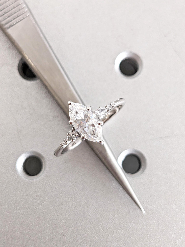 Marquise Cut Certified Lab Diamond Engagement Ring, Unique 14K White Gold Band, Pear Round Side Moissanite Diamond Cluster, Bridal Jewelry