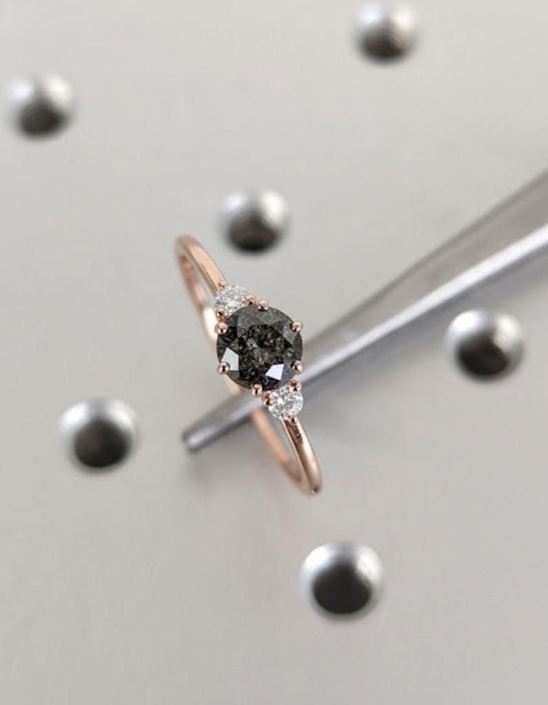 Natural Salt and Pepper Galaxy Diamond Engagement Ring for Women | 14k Rose Gold Three Stone Promise Ring | Past Present Future Ring