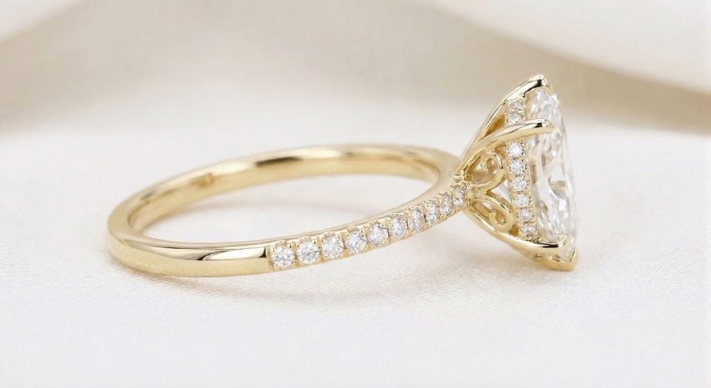 Marquise Cut Lab Created Diamond Engagement Ring with Hidden Halo | VVS2 Clarity Diamond | 14k Yellow Gold