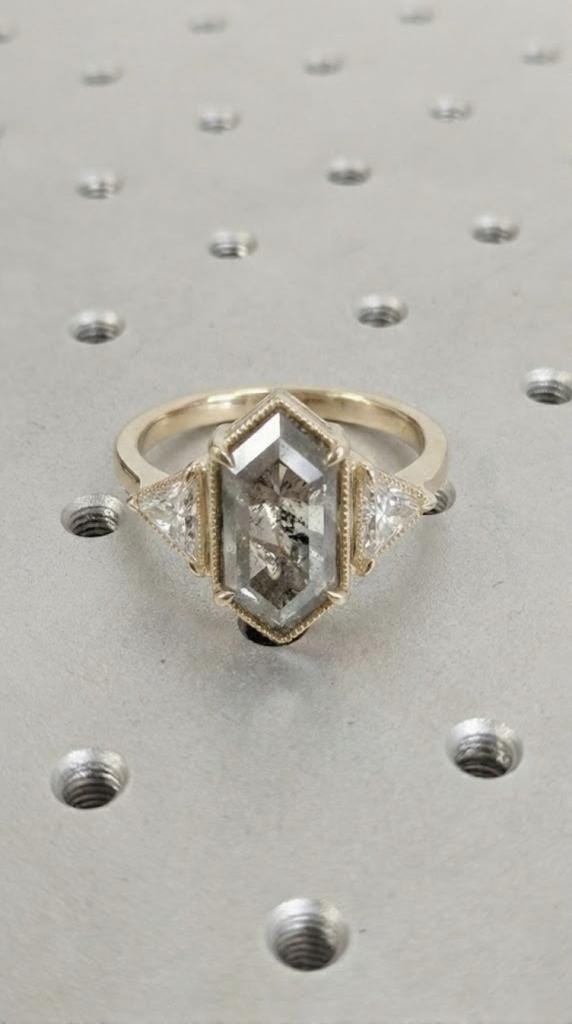 Salt and Pepper Diamond Ring, 0.5-2.25ct Hexagon Ring, Triangle Side Diamond, 14K Yellow Gold Milgrain Engagement Ring, Wedding Promise Ring
