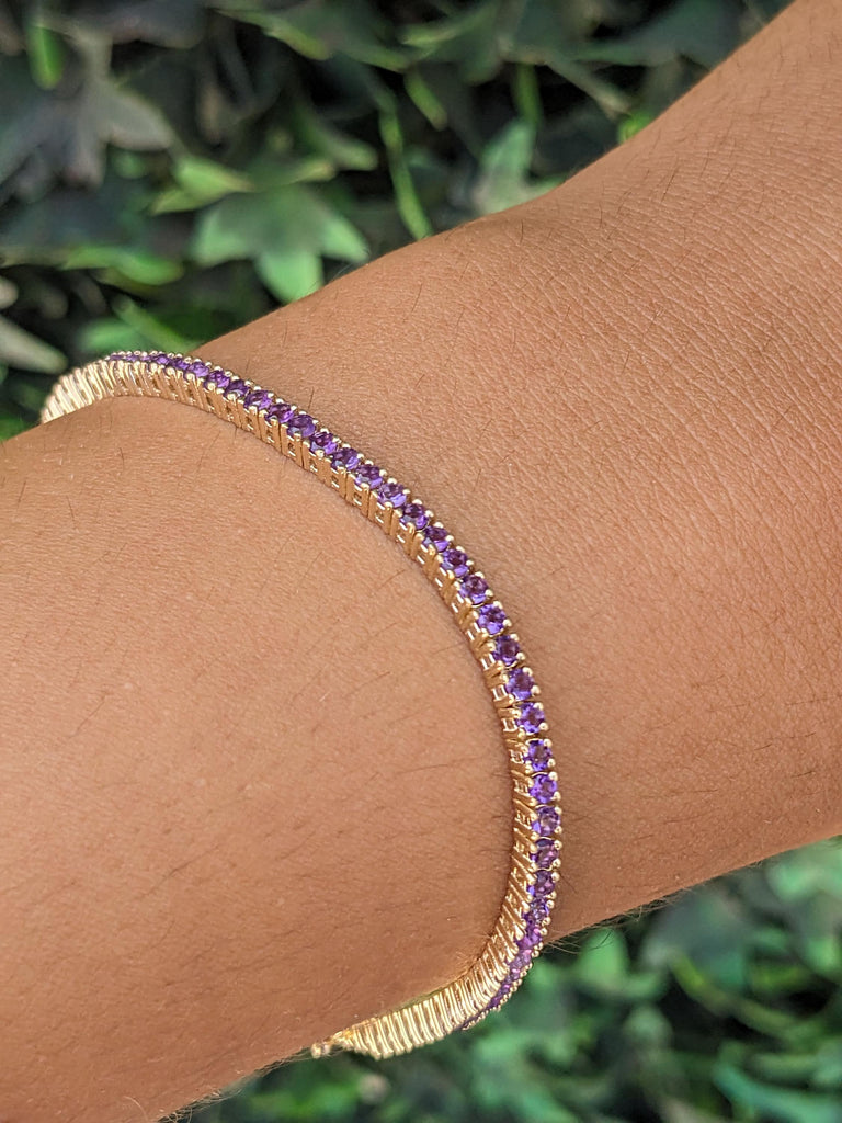 2 Carat Purple Amethyst Yellow Gold Tennis Bracelet | Prong set Thin Women Bracelet