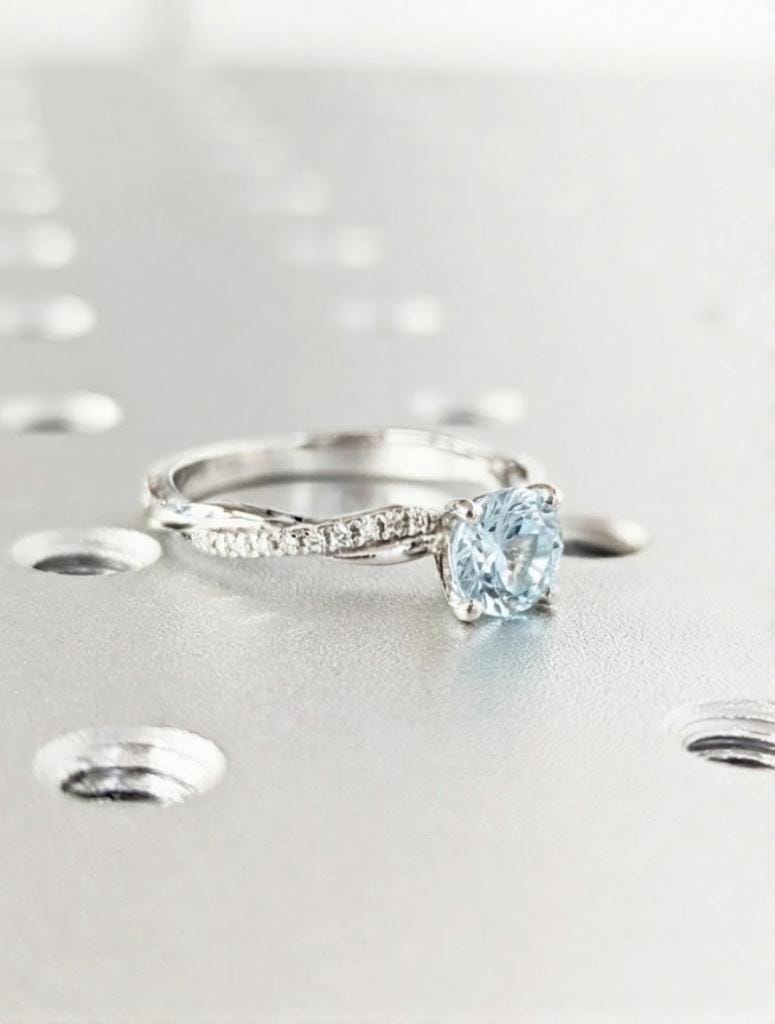 0.5-4ct Lab Aquamarine Ring, 14K White Gold, Round Cut Pave Side Diamond Engagement Ring, March Birthstone Jewelry, Wedding Anniversary Ring