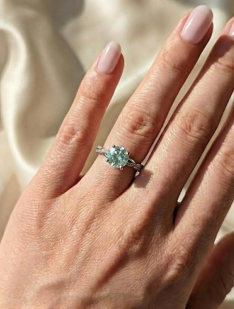 0.5-4ct Lab Aquamarine Ring, 14K White Gold, Round Cut Pave Side Diamond Engagement Ring, March Birthstone Jewelry, Wedding Anniversary Ring