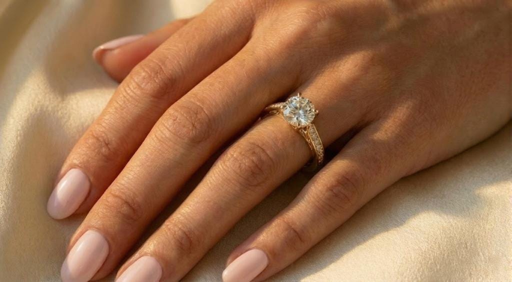 Vintage Round Lab Diamond Engagement Ring, 14K Yellow Gold Cathedral Setting, Pave Diamond Wedding Band