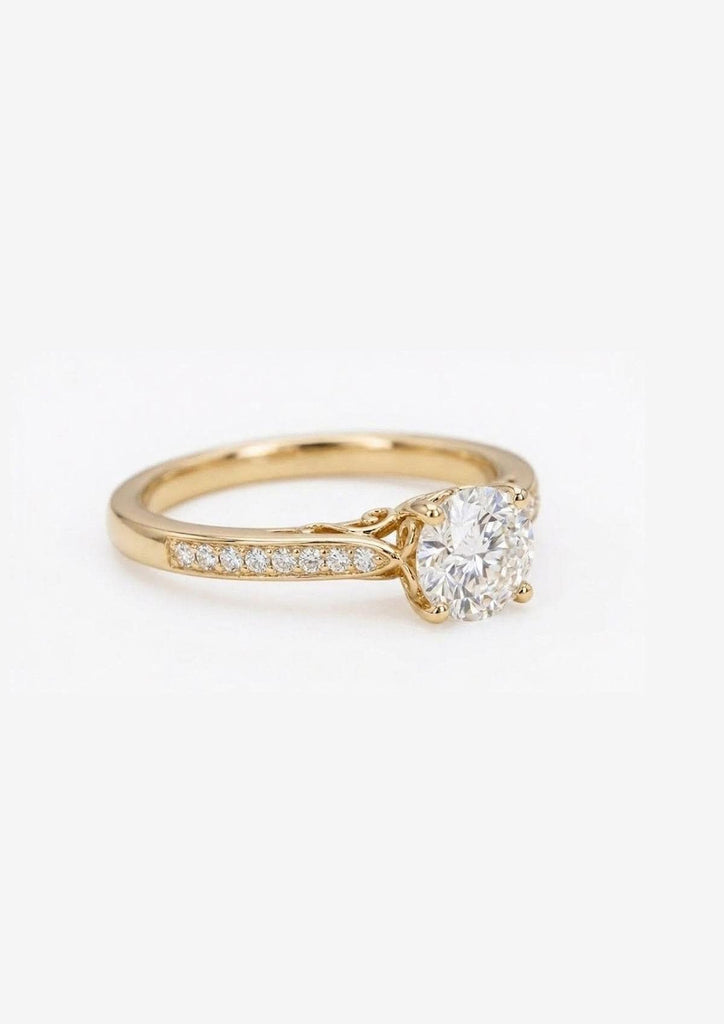 Vintage Round Lab Diamond Engagement Ring, 14K Yellow Gold Cathedral Setting, Pave Diamond Wedding Band
