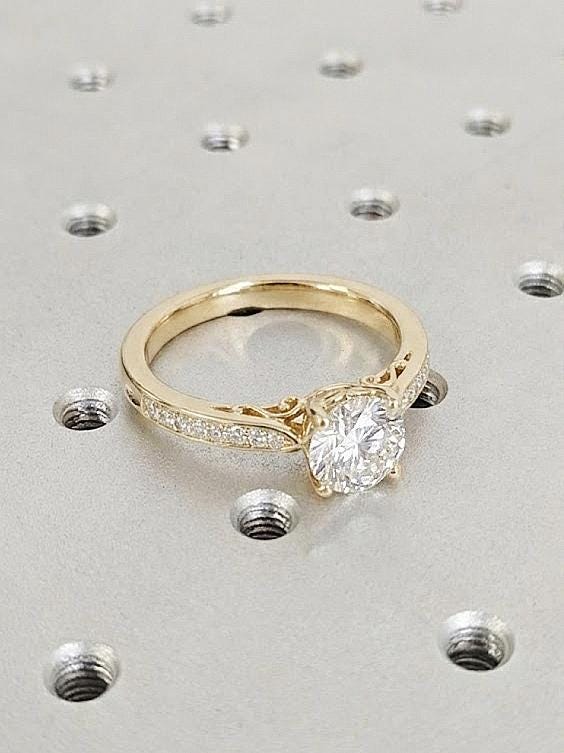14K Yellow Gold Moissanite Engagement Ring, Vintage Cathedral Style, Round Cut Diamond Pavé Wedding Band, Christmas Gift, Jewelry For Her
