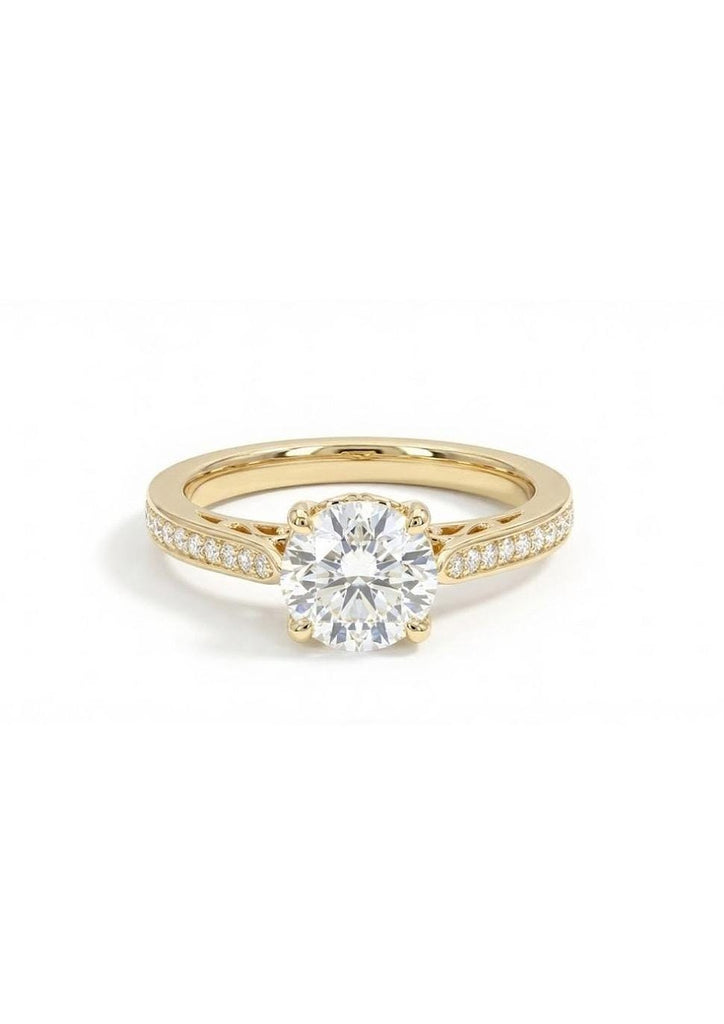 14K Yellow Gold Moissanite Engagement Ring, Vintage Cathedral Style, Round Cut Diamond Pavé Wedding Band, Christmas Gift, Jewelry For Her