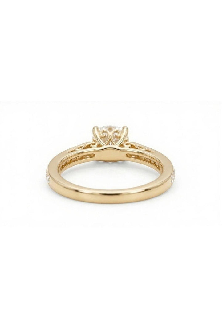 14K Yellow Gold Moissanite Engagement Ring, Vintage Cathedral Style, Round Cut Diamond Pavé Wedding Band, Christmas Gift, Jewelry For Her