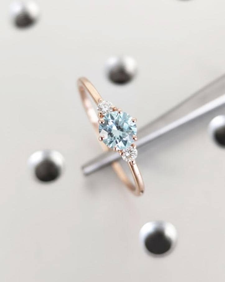 Aquamarine Engagement Ring | Round Cut Aquamarine & Diamond Ring | 14K Rose Gold Three Stone Aquamarine Ring | Custom Ring March Birthstone