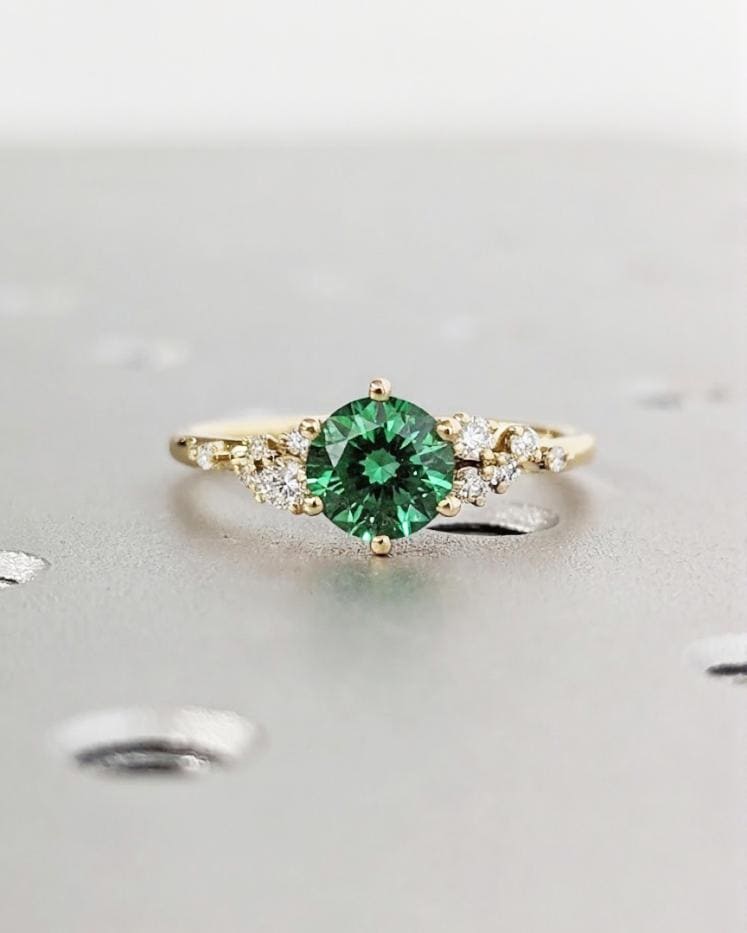 Natural Green Sapphire Ring: 1 Carat, Round Cut, Snowdrift Cluster, 18K Yellow Gold, September Birthstone