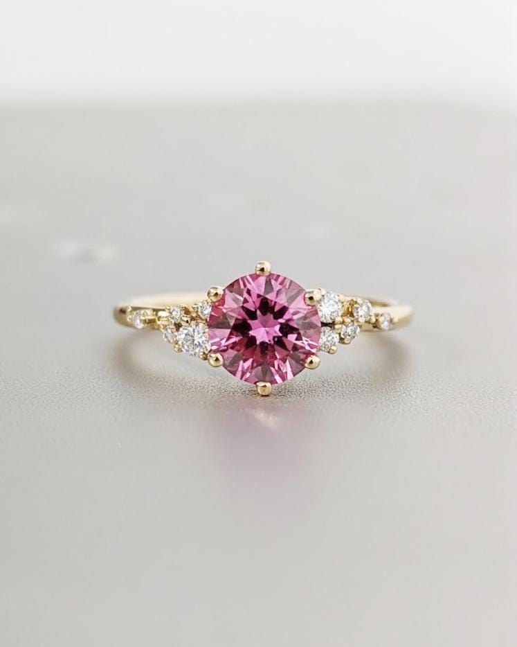 Natural Pink Tourmaline Ring: 1CT Round Tourmaline, Snowdrift Cluster, 18K Yellow Gold, October Birthstone