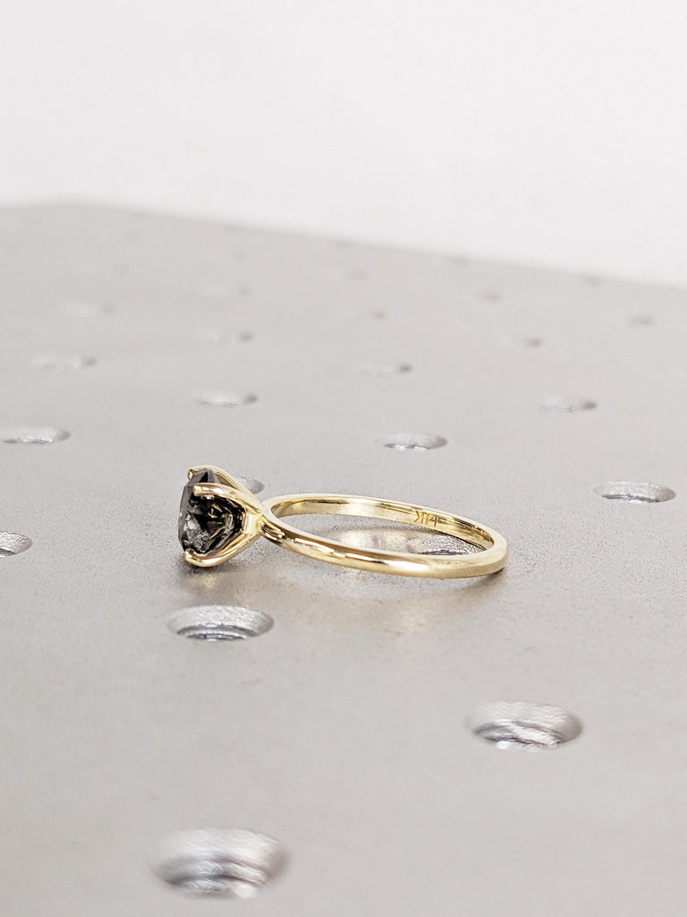 Round Salt and Pepper Diamond Engagement Ring, 14K Yellow Gold Solitaire Ring, Unique Diamond Wedding Ring, Minimalist Ring, Promise Ring