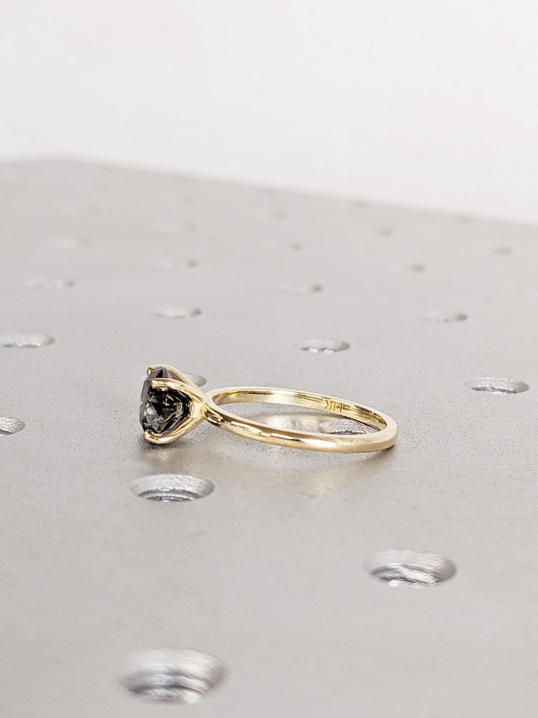 Salt and Pepper Diamond Engagement Ring: 14K Yellow Gold Solitaire, Round Dark / Icy Gemstone